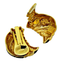 Load image into Gallery viewer, Vintage gold tone black enamel rhinestones designer clip on earrings
