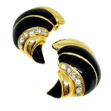 Load image into Gallery viewer, Vintage gold tone black enamel rhinestones designer clip on earrings
