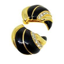 Load image into Gallery viewer, Vintage gold tone black enamel rhinestones designer clip on earrings
