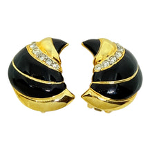 Load image into Gallery viewer, Vintage gold tone black enamel rhinestones designer clip on earrings
