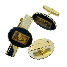 Load image into Gallery viewer, Vintage gold tone black glass A SENEFELDER N.A.L.C. tie clip cufflinks set
