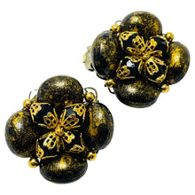 Load image into Gallery viewer, Vintage gold tone black glass beaded cluster clip on earrings
