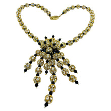Load image into Gallery viewer, Vintage gold tone black glass beads rhinestones cluster unique necklace
