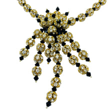 Load image into Gallery viewer, Vintage gold tone black glass beads rhinestones cluster unique necklace
