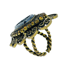 Load image into Gallery viewer, Vintage gold tone black glass cameo rhinestone adjustable ring Western Germany
