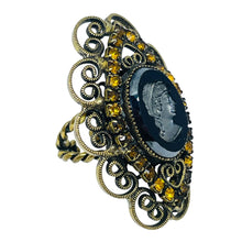 Load image into Gallery viewer, Vintage gold tone black glass cameo rhinestone adjustable ring Western Germany
