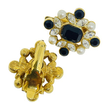 Load image into Gallery viewer, Vintage gold tone black glass rhinestones designer clip on earrings
