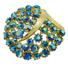 Load image into Gallery viewer, Vintage gold tone blue ab rhinestones designer brooch
