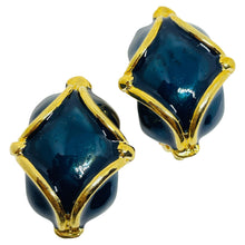 Load image into Gallery viewer, Vintage gold tone blue enamel designer 80's clip on earrings
