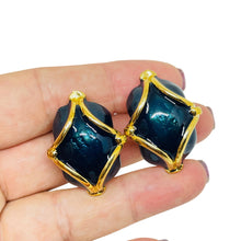 Load image into Gallery viewer, Vintage gold tone blue enamel designer 80's clip on earrings
