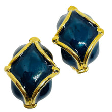 Load image into Gallery viewer, Vintage gold tone blue enamel designer 80's clip on earrings
