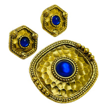 Load image into Gallery viewer, Vintage gold tone blue glass designer brooch earrings set
