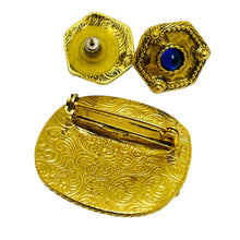 Load image into Gallery viewer, Vintage gold tone blue glass designer brooch earrings set
