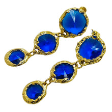 Load image into Gallery viewer, Vintage gold tone blue glass designer dangle pierced earrings
