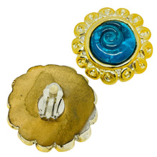 Load image into Gallery viewer, Vintage gold tone blue resin designer 80's clip on earrings
