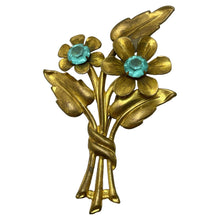 Load image into Gallery viewer, Vintage gold tone blue rhinestone flower designer brooch
