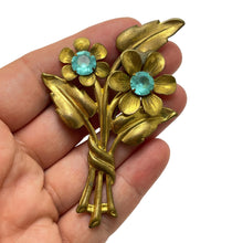 Load image into Gallery viewer, Vintage gold tone blue rhinestone flower designer brooch
