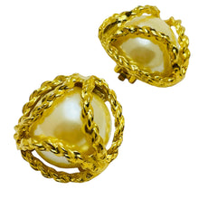 Load image into Gallery viewer, Vintage gold tone caged pearls massive designer clip on earrings
