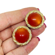 Load image into Gallery viewer, Vintage gold tone carnelian glass designer clip on earrings
