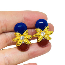 Load image into Gallery viewer, Vintage gold tone carnelian lapis glass designer clip on earrings
