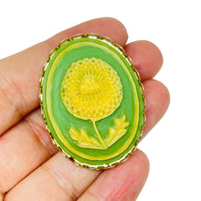 Load image into Gallery viewer, Vintage gold tone carved celluloid flower cameo brooch
