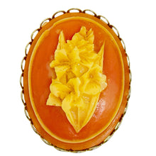 Load image into Gallery viewer, Vintage gold tone carved celluloid flower cameo brooch
