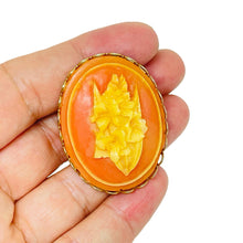 Load image into Gallery viewer, Vintage gold tone carved celluloid flower cameo brooch
