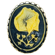 Load image into Gallery viewer, Vintage gold tone carved celluloid flower cameo brooch
