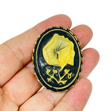 Load image into Gallery viewer, Vintage gold tone carved celluloid flower cameo brooch
