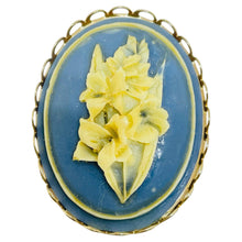 Load image into Gallery viewer, Vintage gold tone carved celluloid flower cameo brooch
