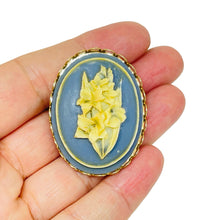 Load image into Gallery viewer, Vintage gold tone carved celluloid flower cameo brooch
