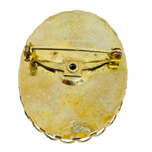 Load image into Gallery viewer, Vintage gold tone carved celluloid flower cameo brooch
