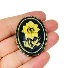 Load image into Gallery viewer, Vintage gold tone carved celluloid flower cameo brooch
