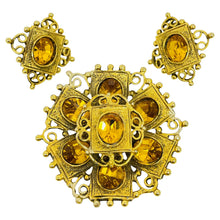 Load image into Gallery viewer, Vintage gold tone citrine glass brooch earrings designer set
