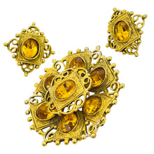 Load image into Gallery viewer, Vintage gold tone citrine glass brooch earrings designer set
