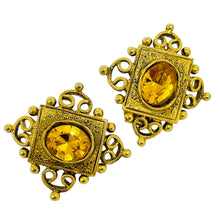 Load image into Gallery viewer, Vintage gold tone citrine glass brooch earrings designer set
