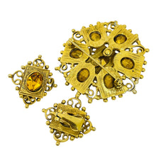 Load image into Gallery viewer, Vintage gold tone citrine glass brooch earrings designer set
