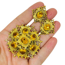 Load image into Gallery viewer, Vintage gold tone citrine glass brooch earrings designer set
