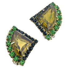 Load image into Gallery viewer, Vintage gold tone citrine green black glass rhinestones designer clip earrings
