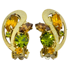 Load image into Gallery viewer, Vintage gold tone citrine green rhinestones designer clip on earrings
