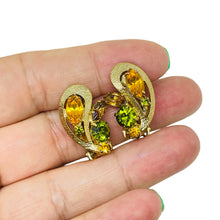 Load image into Gallery viewer, Vintage gold tone citrine green rhinestones designer clip on earrings

