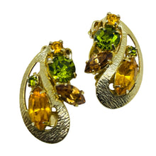 Load image into Gallery viewer, Vintage gold tone citrine green rhinestones designer clip on earrings
