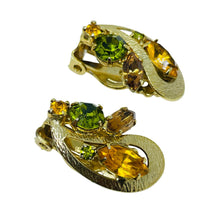Load image into Gallery viewer, Vintage gold tone citrine green rhinestones designer clip on earrings
