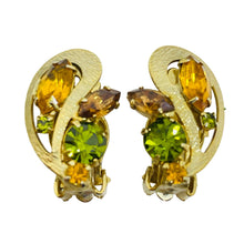 Load image into Gallery viewer, Vintage gold tone citrine green rhinestones designer clip on earrings
