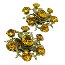 Load image into Gallery viewer, Vintage gold tone citrine rhinestones flower designer clip on earrings
