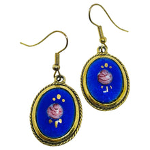 Load image into Gallery viewer, Vintage gold tone cobalt blue enamel flower designer dangle earrings
