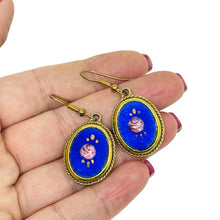 Load image into Gallery viewer, Vintage gold tone cobalt blue enamel flower designer dangle earrings
