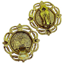 Load image into Gallery viewer, Vintage gold tone coin rhinestone Etruscan designer clip on earrings
