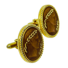 Load image into Gallery viewer, Vintage gold tone copper enamel Greek style massive designer cufflinks
