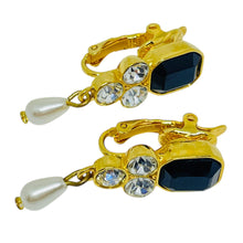 Load image into Gallery viewer, Vintage gold tone crystals dangle pearl designer clip on earrings
